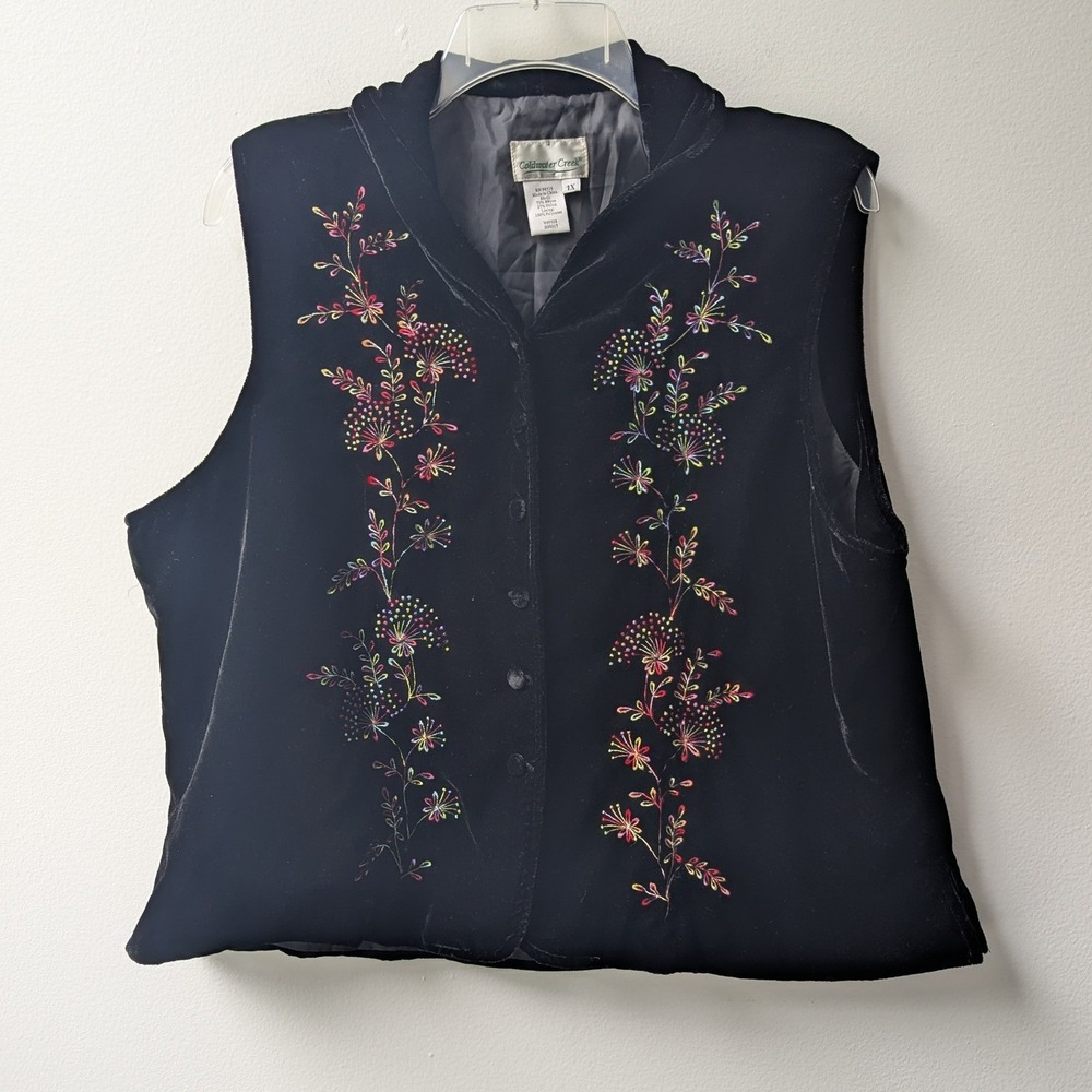 Vtg Coldwater Creek Vest Black Velvet Floral Embroidered Sz 1X Whimsigoth Boho